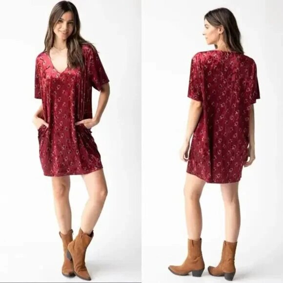 Natural Life New Claire Velvet Dress Womens Size Large Cranberry Fan Motif - Picture 2 of 9